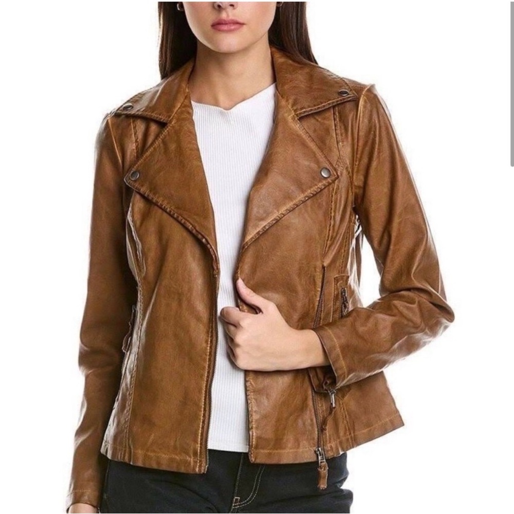 MAX STUDIO DISTRESSED VINTAGE VIBE LT. BROWN FAUX LEATHER MOTO JACKET SIZE XL